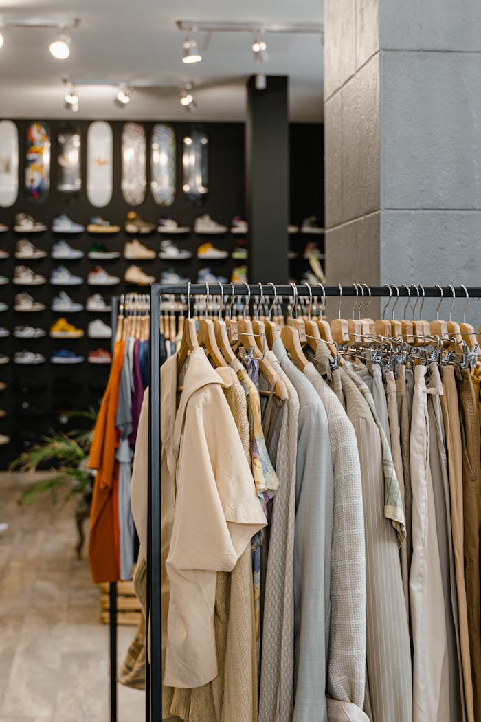 Stylish boutique interior with clothes rack and sneaker wall.